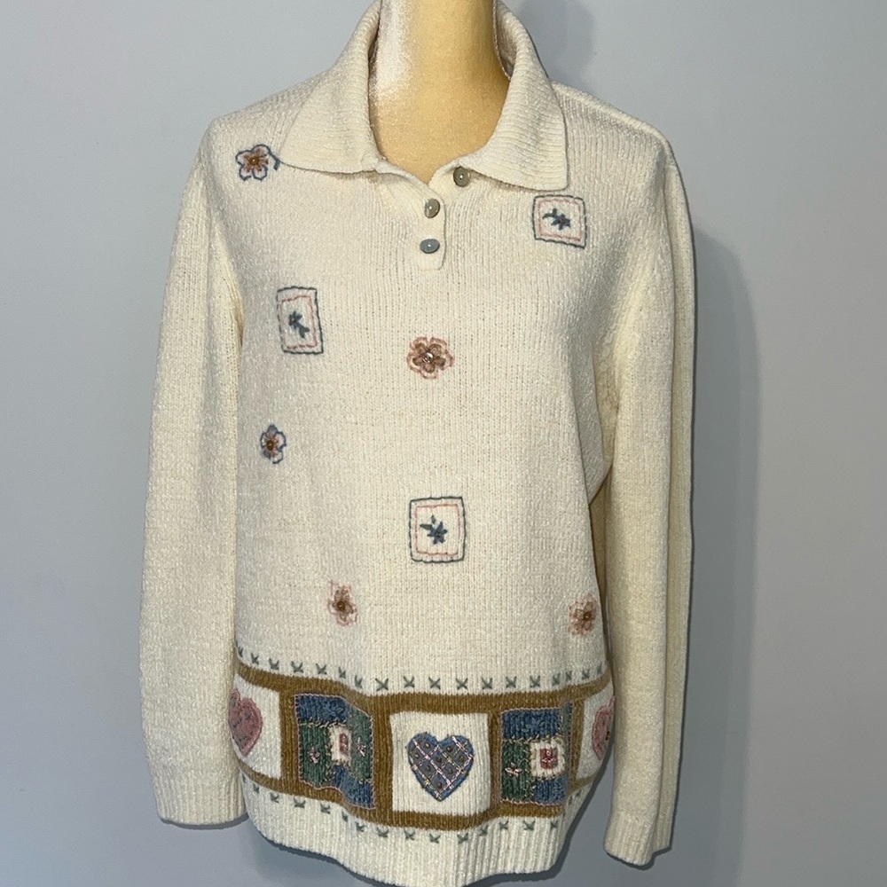 Alfred Dunner Cream Chenille Collared Button Sweater with Hearts & Flowers Large